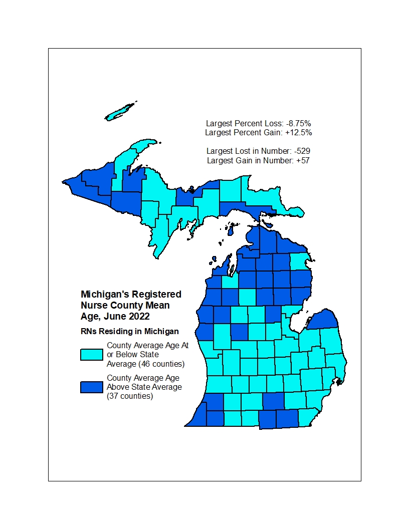 map depicting RN mean age by county in 2022